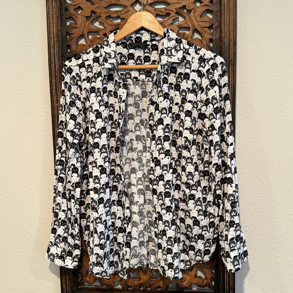 Topshop Black & White Cat Print Blouse